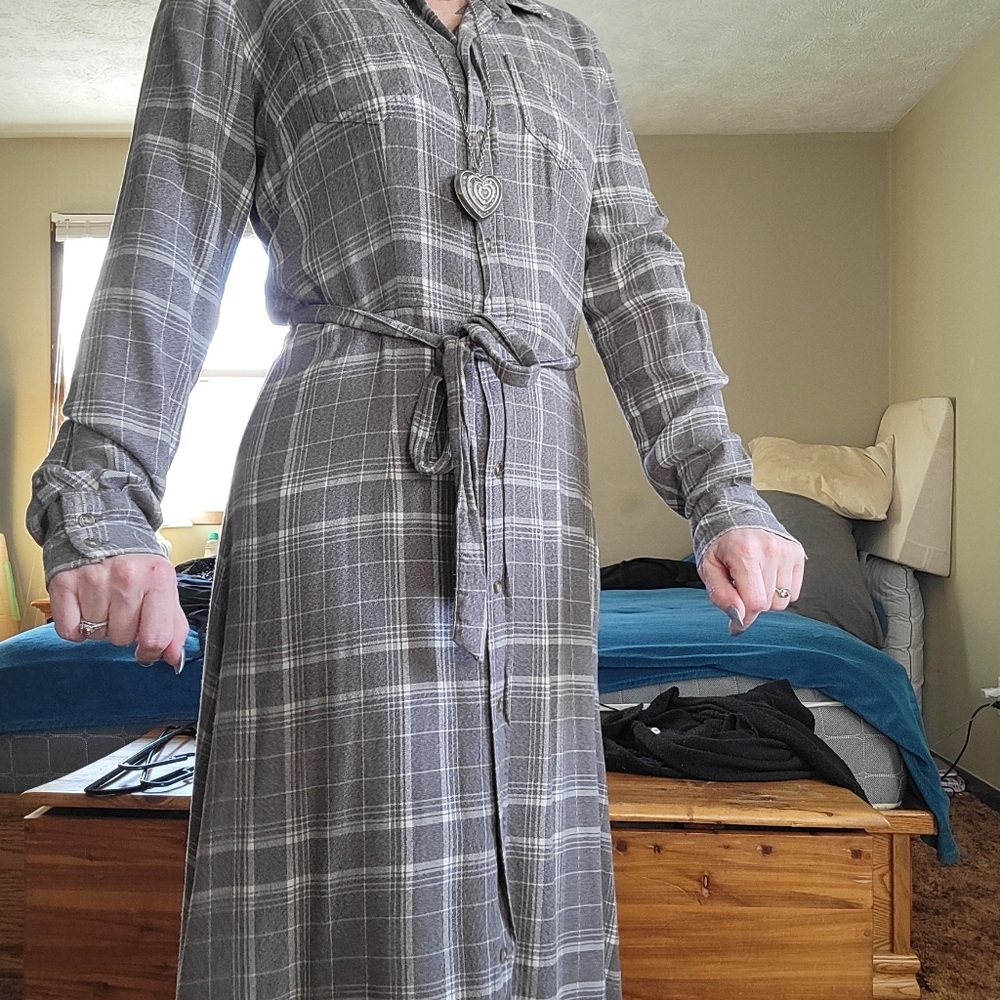 Grey Plaid Button Down Maxi Dress